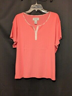 Liz Claiborne Villager Coral Short Sleeve Top with Lace Trim Size XL